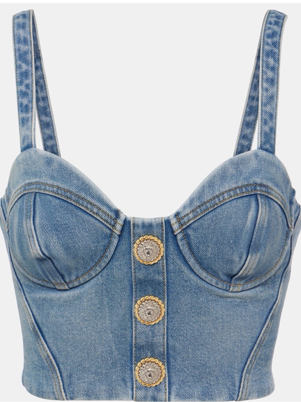 Balmain Denim Bustier Corset Top NWT Light Wash Gold Medallion Buttons